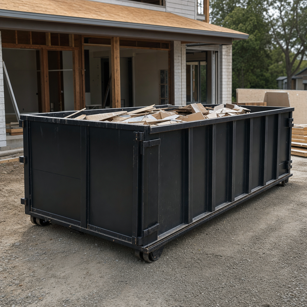 Large matte-black 30-yard construction roll-off dumpster at an active Bronx jobsite, steel-gray top rails and bottom rollers visible, loaded with construction debris.