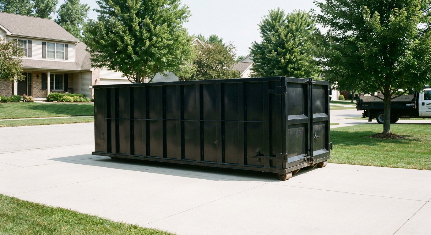 Matte-black 20-yard roll-off dumpster sitting level on a clean Bronx residential concrete driveway under bright daylight, demonstrating clean placement directly on the concrete.