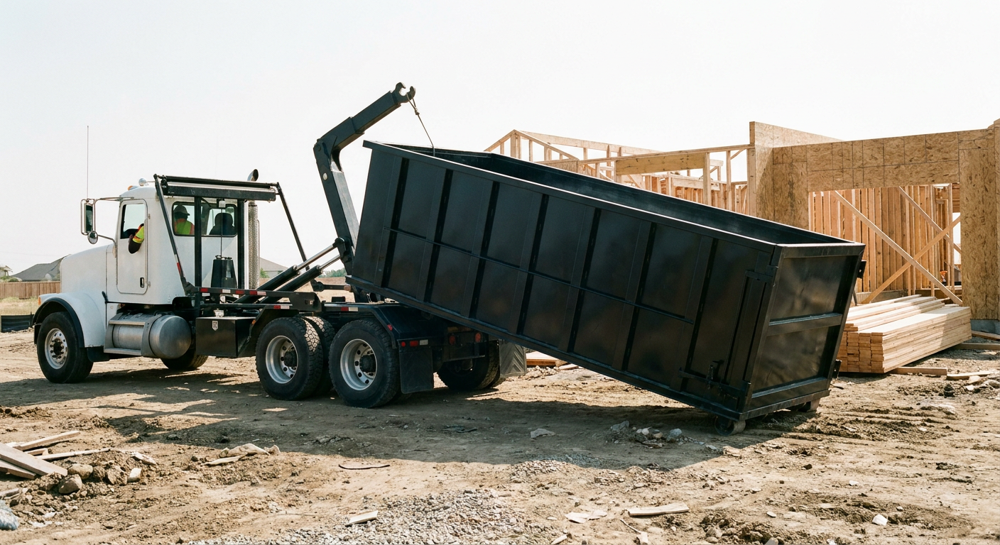 Matte-black roll-off dumpster being delivered onto a clean residential concrete driveway in Bronx by an unmarked white hooklift hauler truck, bright morning daylight, documentary 35mm perspective.
